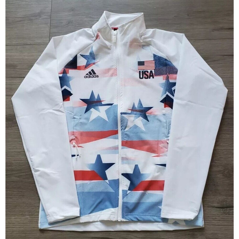 adidas USA Volleyball Warm Up Jacket White Navy Red FU0102 Womens Size XL NEW
